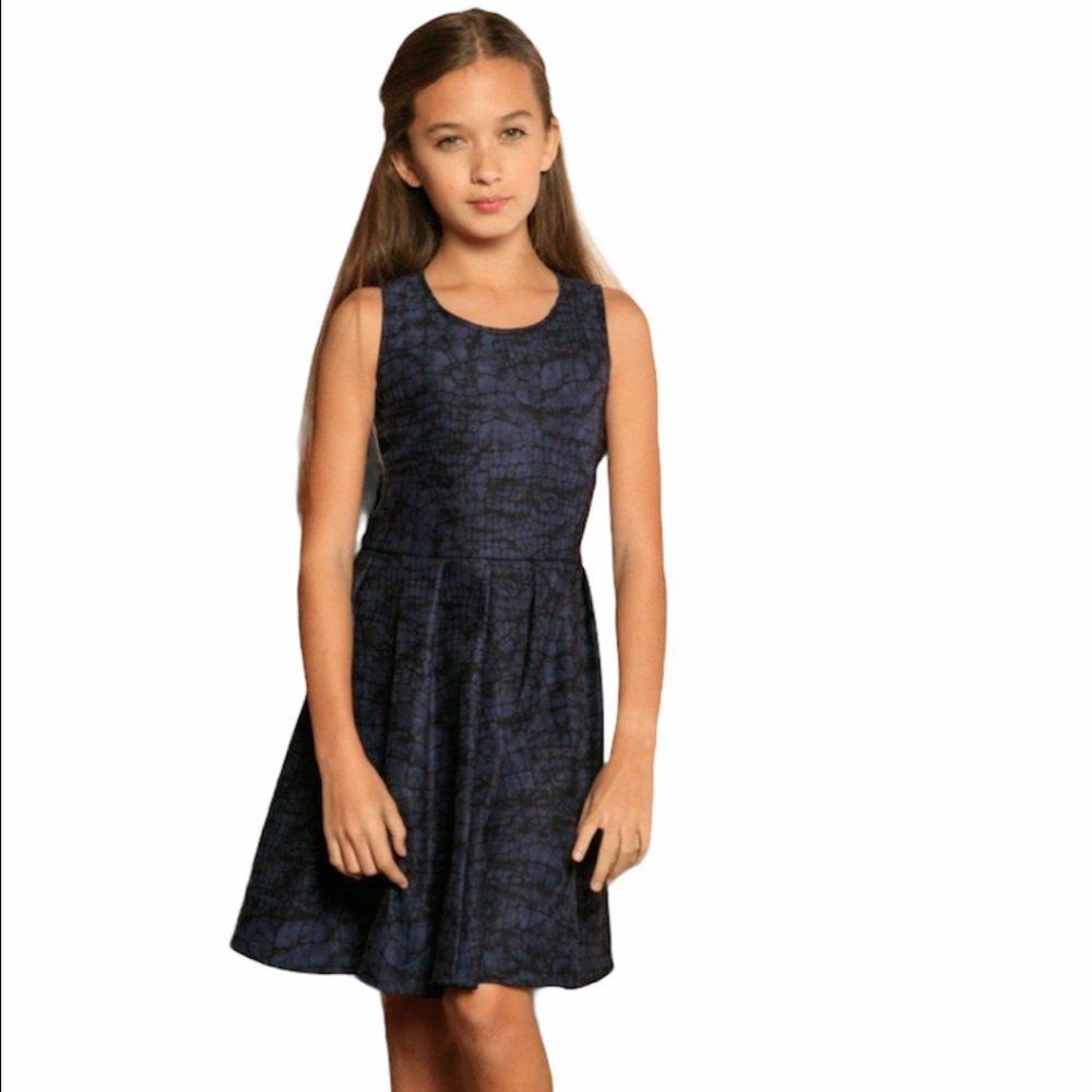NAVY ANIMAL PRINT SLEEVELESS SKATER FIT & FLARE PARTY DRESS - GIRLS